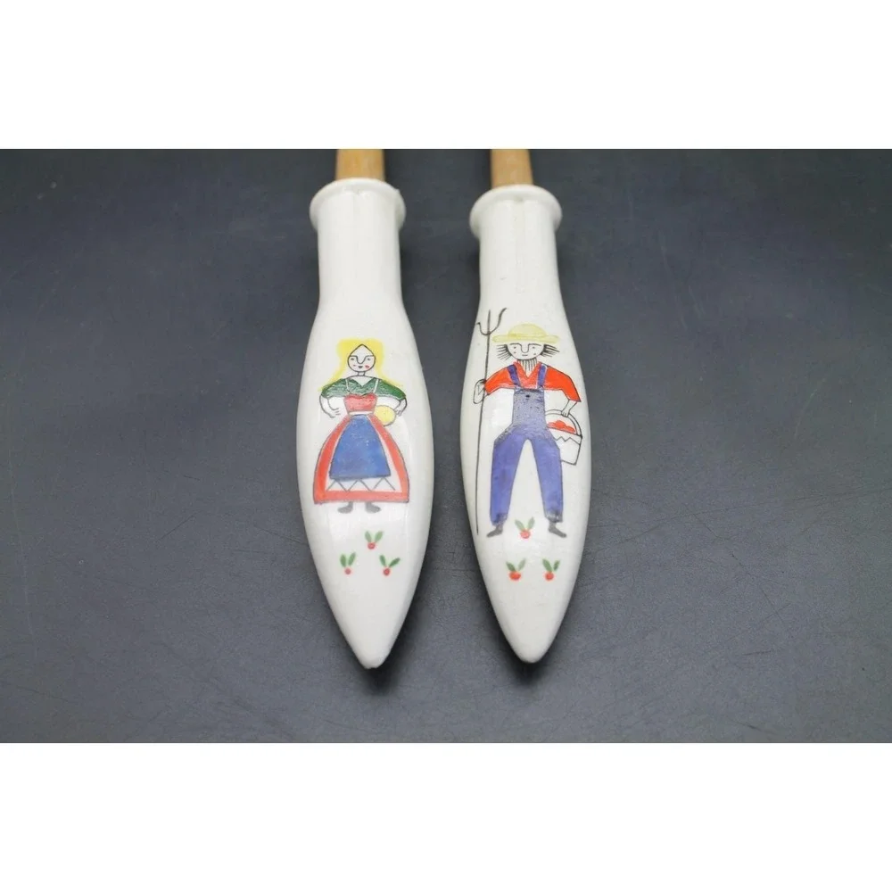 Vintage Wooden Salad Serving Set Dutch Boy Girl Ceramic Handles Chip 11